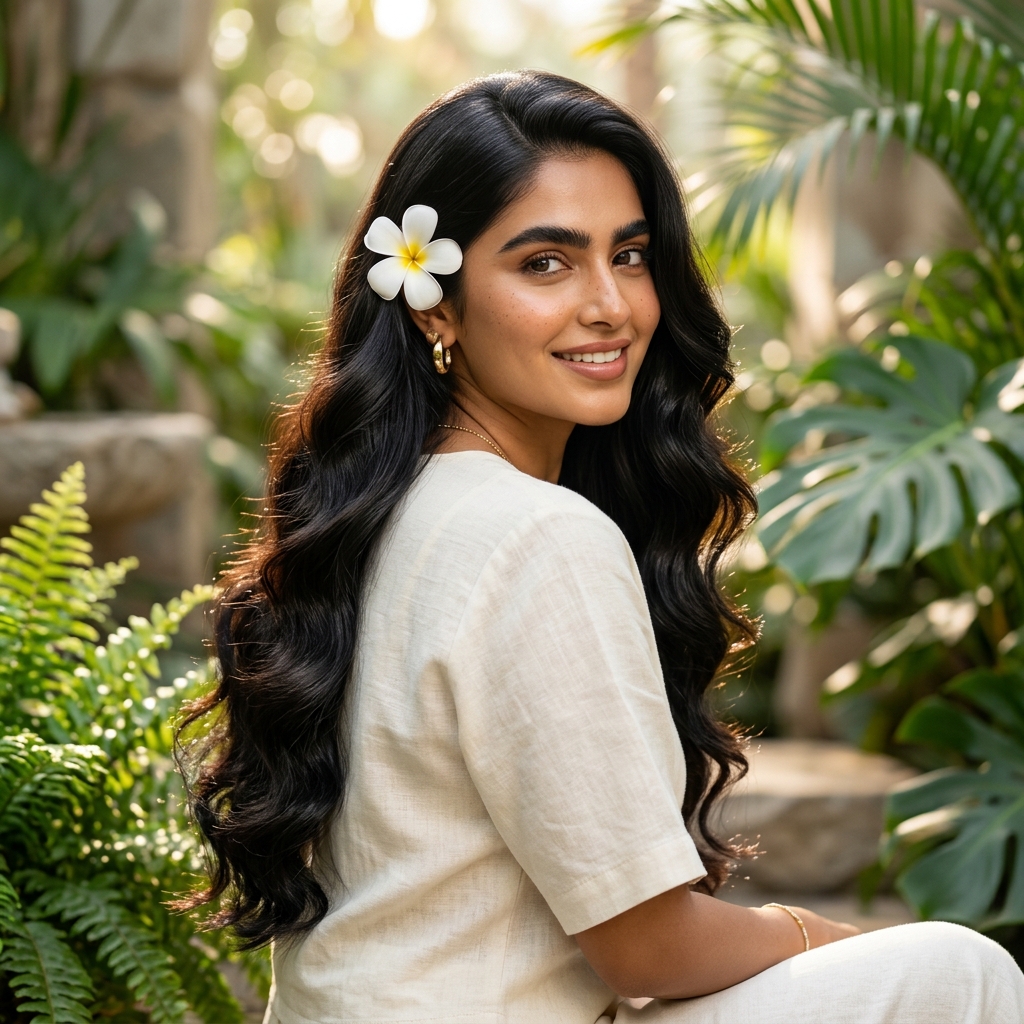 Silky glossy long hair nourished by Bhumistha Coconut Shampoo