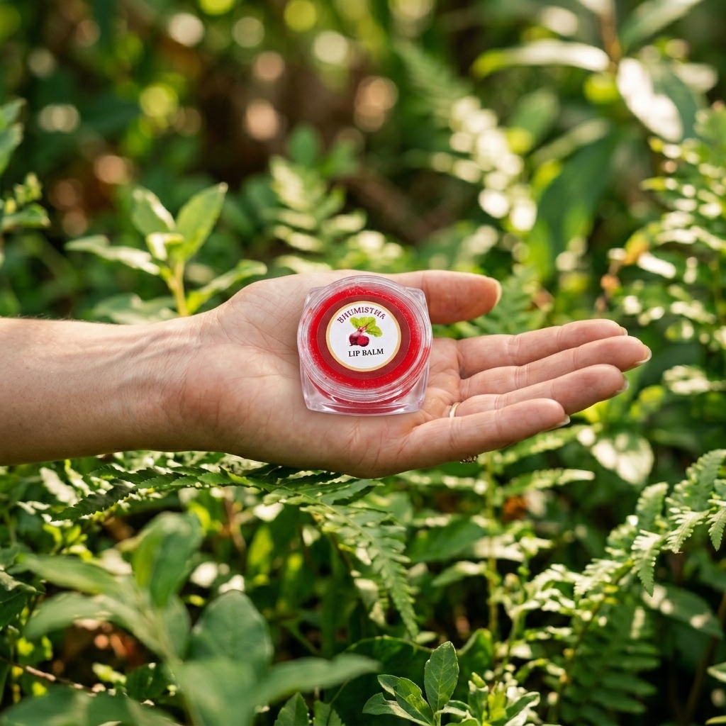 Handcrafted Bhumistha Beetroot Lip Balm held in natural botanicals