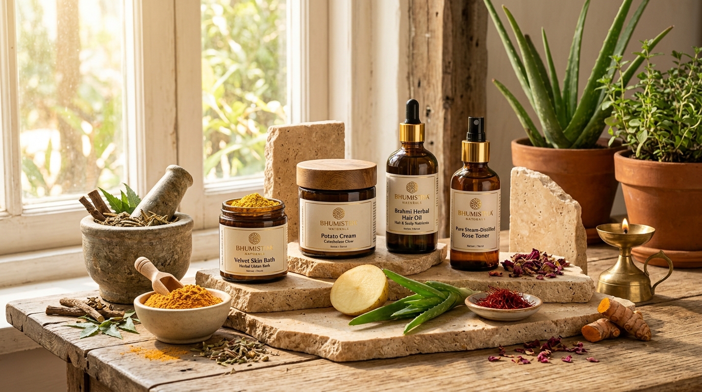 Bhumistha Naturals Handcrafted Ayurvedic Collection on travertine pedestals with fresh aloe and herbs
