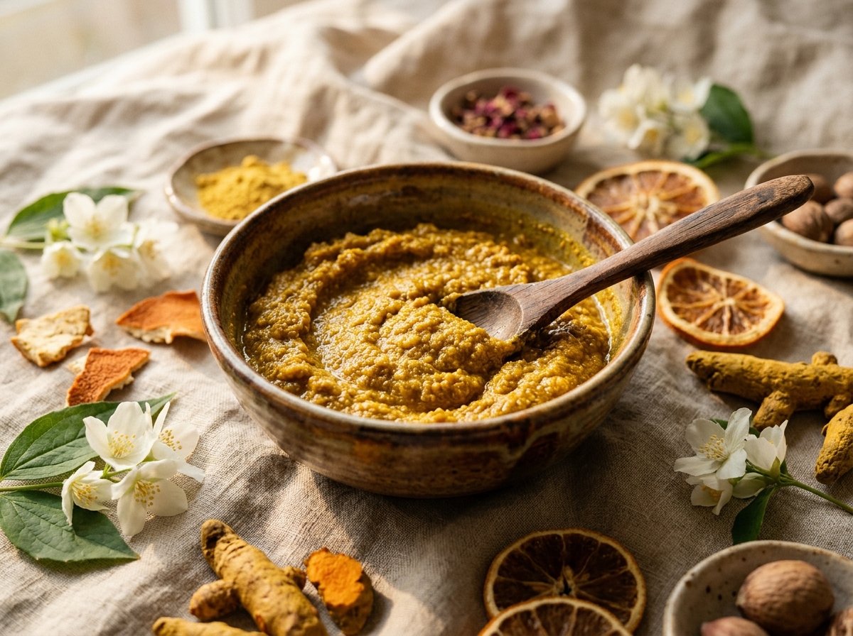 Golden Ayurvedic Ubtan paste in ceramic bowl with wooden spoon, orange peel, and fresh jasmine